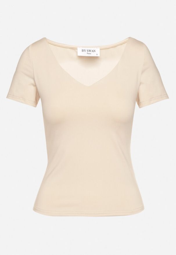 Born2be - Jasnobeżowy T-shirt z Wiskozą o Dopasowanym Kroju z Dekoltem w Serek Folarisse. Typ kołnierza: dekolt w serek. Kolor: beżowy. Materiał: wiskoza