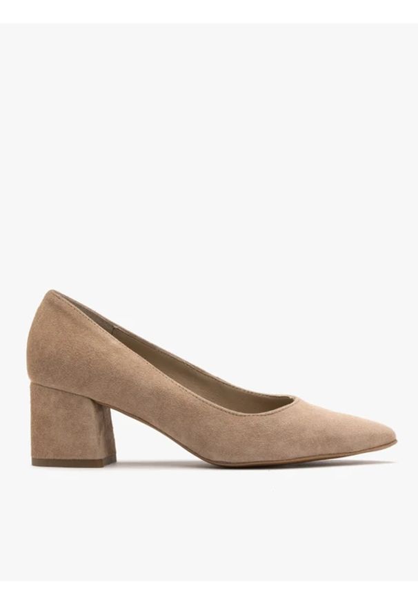 Ryłko - Beżowe czółenka na masywnym klocku. Zapięcie: bez zapięcia. Kolor: beżowy. Materiał: welur, skóra. Sezon: lato. Obcas: na obcasie. Styl: street. Wysokość obcasa: średni