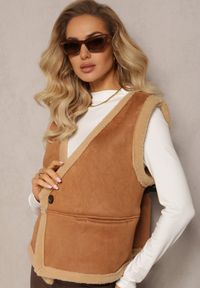 Renee - Brązowa Luźna Kamizelka z Ozdobnym Kożuszkiem Barta. Kolor: brązowy. Długość rękawa: bez rękawów. Styl: elegancki #3