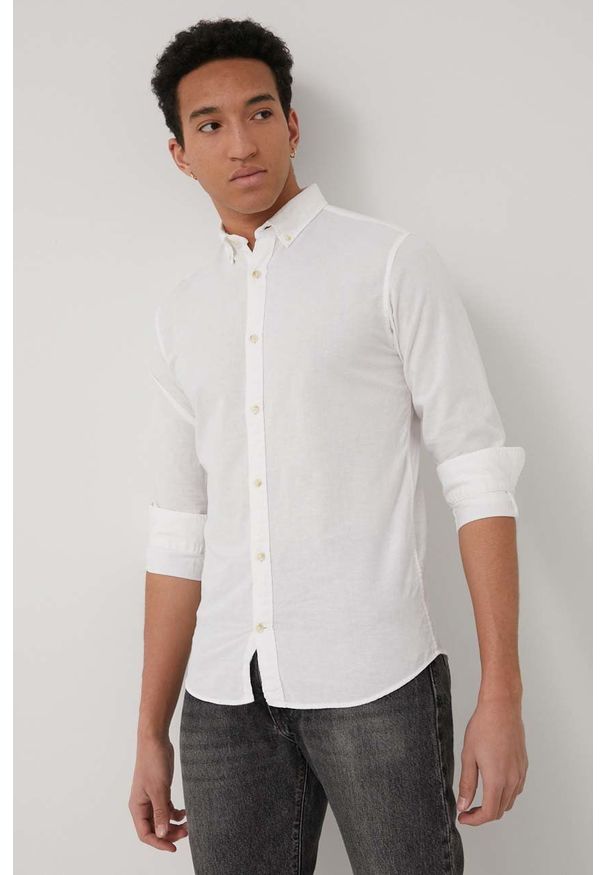 Jack & Jones koszula z lnem męska kolor biały regular z kołnierzykiem button-down. Typ kołnierza: button down. Kolor: biały. Materiał: len. Wzór: gładki