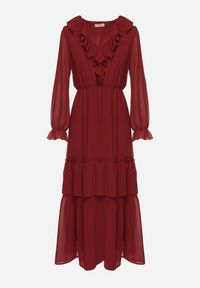 Born2be - Bordowa Siateczkowa Sukienka VICES o Rozkloszowanym Kroju z Falbanami Arevite. Typ kołnierza: dekolt w kształcie V. Kolor: czerwony. Typ sukienki: rozkloszowane. Styl: klasyczny #6