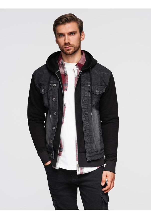 Ombre Clothing - Kurtka męska jeansowa z dzianinowymi rękawami i kapturem – czarna V3. Okazja: na co dzień. Kolor: czarny. Materiał: jeans, dzianina. Styl: elegancki, klasyczny, casual