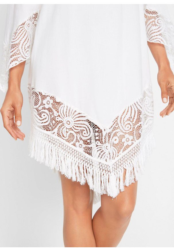 bonprix - Tunika plażowa z koronką, z wiskozy. Okazja: na plażę. Kolor: biały. Materiał: wiskoza, koronka. Wzór: koronka