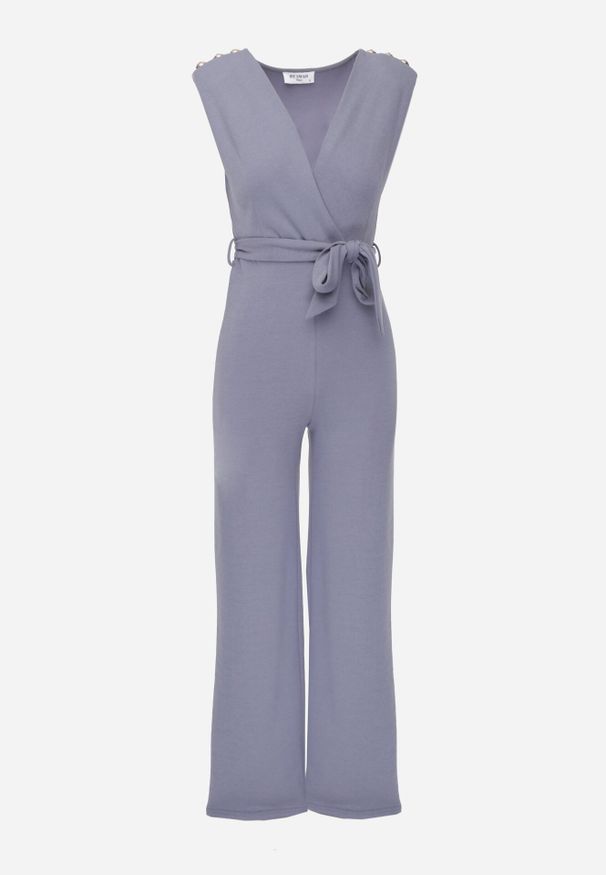 Born2be - Jasnoniebieski Kombinezon z Kopertowym Dekoltem i Wiązaniem w Talii Vannessa. Kolekcja: dla wysokich. Kolor: niebieski. Materiał: materiał, prążkowany. Długość: długie