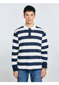 Big-Star - Koszulka męska polo z długim rękawem w pasy granatowo-białe Miker 100. Okazja: na co dzień. Typ kołnierza: polo. Kolor: biały. Materiał: skóra, bawełna. Długość rękawa: długi rękaw. Długość: długie. Wzór: ze splotem, paski. Styl: sportowy, klasyczny, casual, elegancki #1