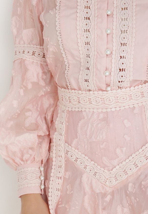 Born2be - Różowy 2-Częściowy Komplet Appiore. Kolor: różowy. Materiał: koronka, materiał, tkanina. Wzór: koronka, aplikacja