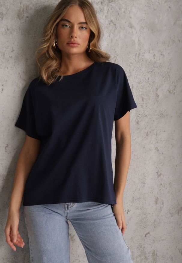 Renee - Granatowy T-shirt Basic Oversize z Bawełny Elusis. Okazja: na co dzień. Kolor: niebieski. Materiał: bawełna. Styl: elegancki, casual