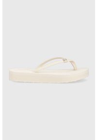 TOMMY HILFIGER - Tommy Hilfiger japonki TH MONOGRAM FLAT SANDAL damskie kolor biały na platformie FW0FW06964. Kolor: beżowy. Materiał: materiał. Wzór: gładki. Obcas: na platformie