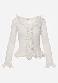 Born2be - Biała Prążkowana Bluzka z Wiskozą Ozdobiona Falbanami Pronasia. Okazja: na co dzień. Kolor: biały. Materiał: prążkowany, wiskoza. Wzór: aplikacja. Styl: casual, elegancki, klasyczny #5