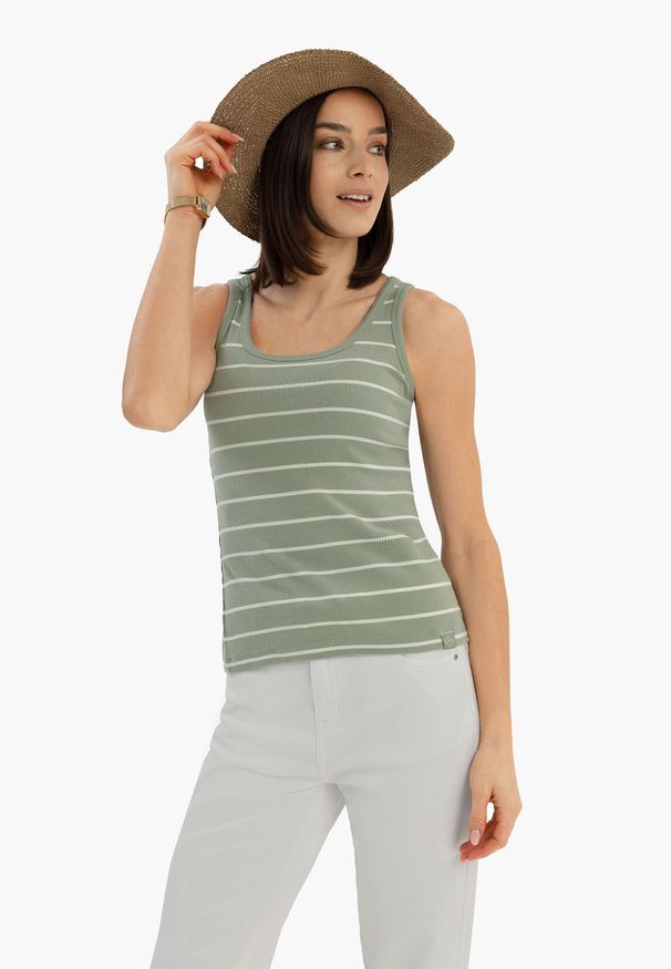 Volcano - Top w paski T-ESTER. Kolor: miętowy. Materiał: elastan, materiał, prążkowany, bawełna, jeans. Długość rękawa: na ramiączkach. Wzór: paski. Styl: klasyczny, sportowy