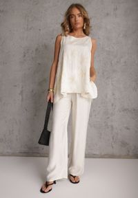 Renee - Biały Wiskozowy Komplet z Lnem w Stylu Boho Spodnie i Bluzka z Haftem Marymene. Kolor: biały. Materiał: wiskoza, len. Wzór: haft #3