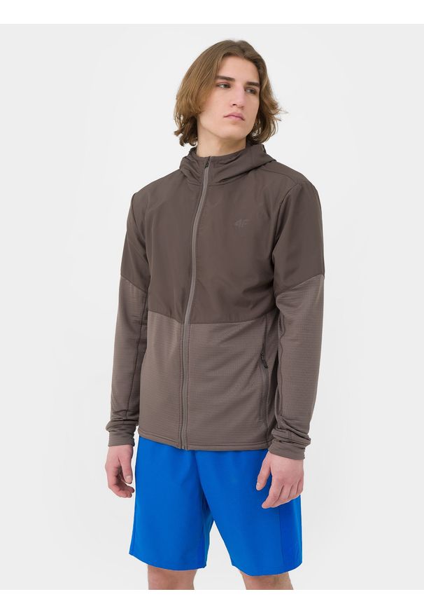 4f - Bluza trekkingowa rozpinana z kapturem męska. Typ kołnierza: kaptur. Kolor: brązowy. Materiał: dzianina, materiał, włókno. Wzór: gładki