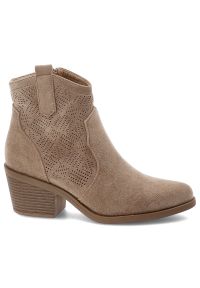 Beżowe Botki S.Barski Ażurowe Kowbojki Damskie. Kolor: beżowy. Materiał: jeans, materiał. Wzór: ażurowy. Obcas: na obcasie. Wysokość obcasa: średni #4