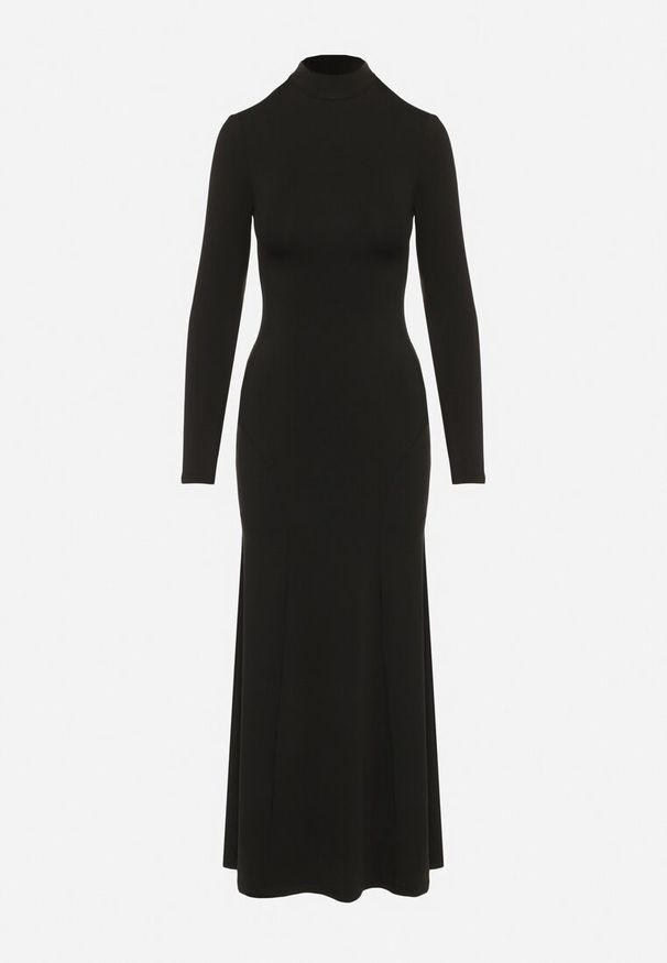 Born2be - Czarna Taliowana Sukienka Koktajlowa z Wiskozą i Półgolfem Zozelira. Okazja: na co dzień. Kolor: czarny. Materiał: wiskoza. Typ sukienki: proste. Styl: wizytowy