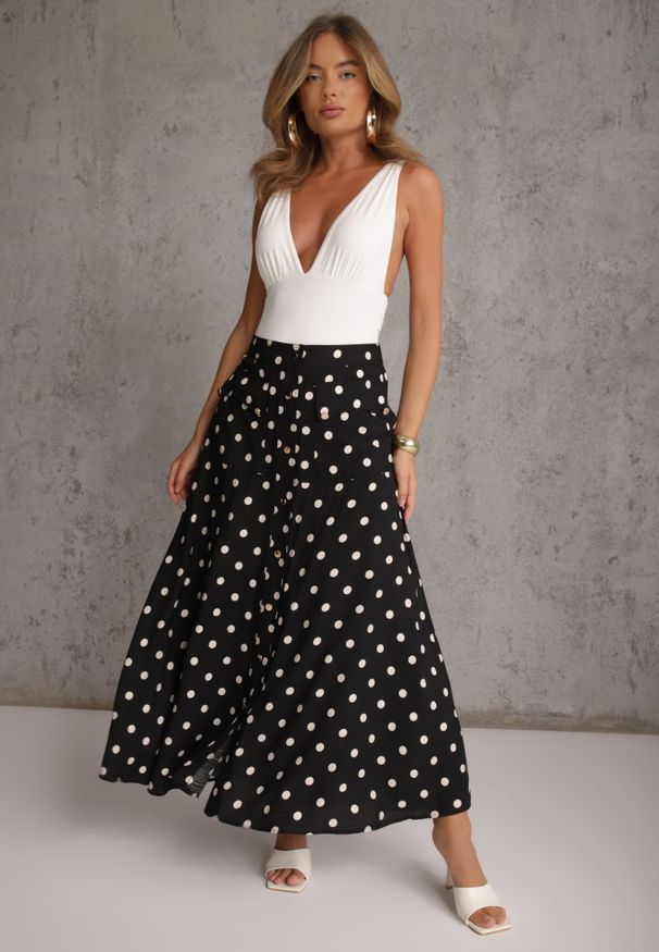 Renee - Czarna Wiskozowa Spódnica High Waist w Kropki z Guzikami Tadalion. Stan: podwyższony. Kolor: czarny. Materiał: wiskoza. Wzór: kropki. Styl: retro