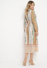 Born2be - Beżowa Sukienka Koszulowa z Mozaikowym Wzorem i Wiązanym Paskiem Lilimea. Kolor: beżowy. Materiał: tkanina. Typ sukienki: koszulowe #2