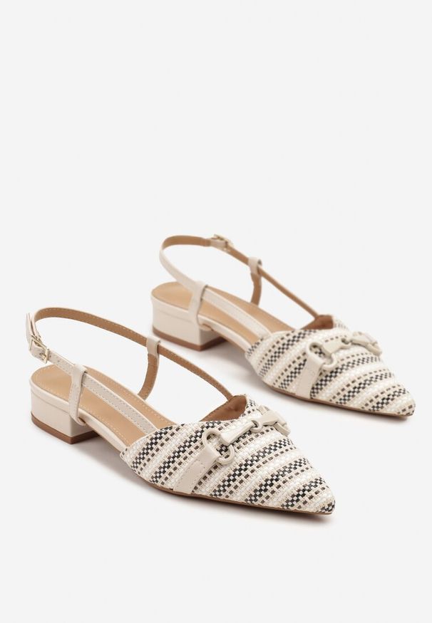 Renee - Beżowe Sandały Vices Slingback Ozdobione Klamrą i Plecionką Nilasiela. Okazja: na co dzień. Zapięcie: klamry. Kolor: beżowy. Wzór: aplikacja. Obcas: na słupku. Styl: casual, elegancki