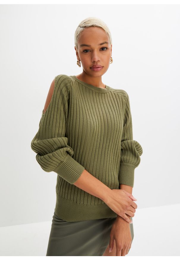 bonprix - Sweter z wycięciami. Kolor: zielony. Styl: elegancki