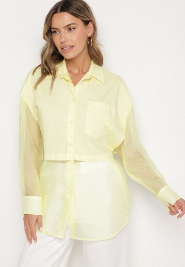 Born2be - Żółta Koszula z Transparentnymi Rękawami Silomea. Okazja: na co dzień. Kolor: żółty. Materiał: jeans. Wzór: aplikacja. Styl: casual