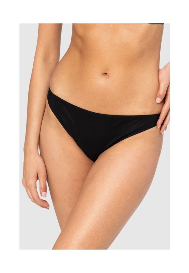 MOSCHINO Czarny dół od bikini ze złotym logo, Rozmiar S. Kolor: czarny. Wzór: nadruk