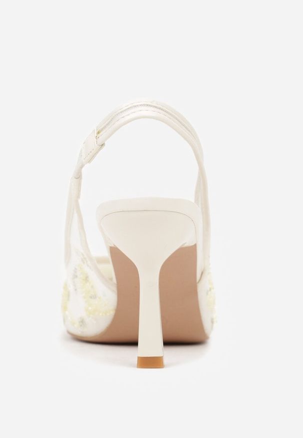 Renee - Beżowe Sandały na Szpilce Typu Slingback z Cekinami Resseris. Okazja: na wesele, na ślub cywilny, na imprezę. Kolor: beżowy. Materiał: koronka. Obcas: na szpilce. Styl: elegancki