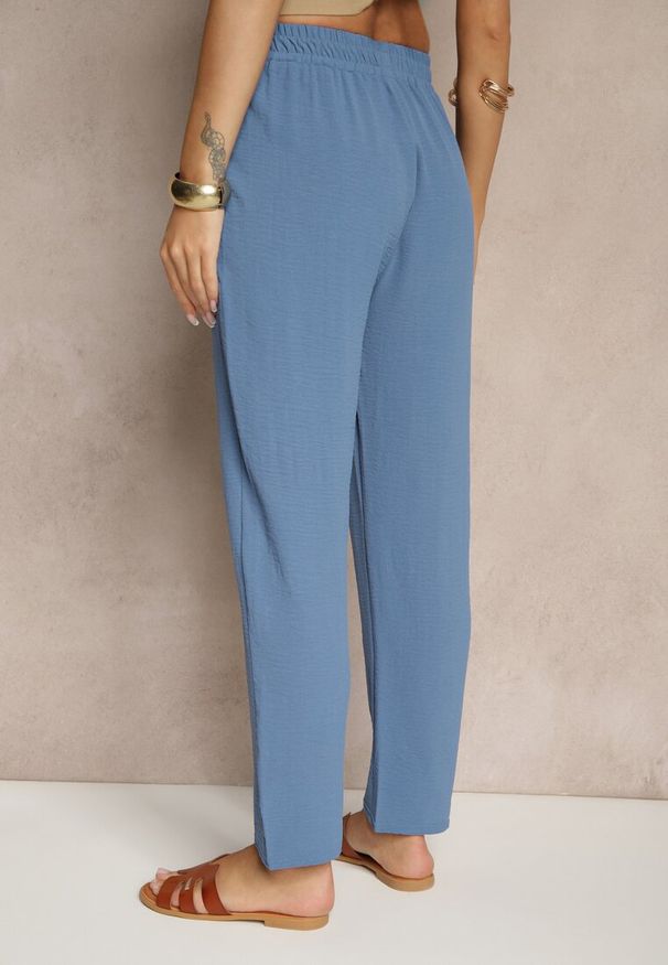 Renee - Niebieskie Spodnie z Bawełną o Szerokim Kroju High Waist Fanelithia. Okazja: na co dzień. Stan: podwyższony. Kolor: niebieski. Materiał: bawełna. Styl: casual
