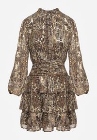 Renee - Brązowa Koktajlowa Panterkowa Sukienka z Gumkami w Pasie Ozdobiona Falbankami Quinthelia. Okazja: na co dzień. Typ kołnierza: kołnierz z falbankami. Kolor: brązowy. Wzór: aplikacja. Typ sukienki: proste. Styl: wizytowy #6