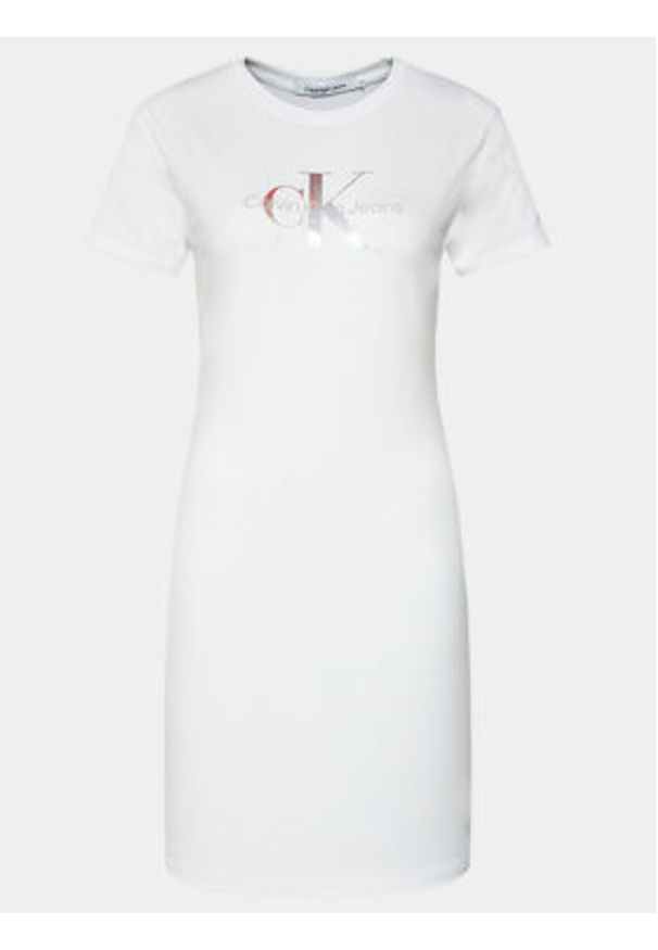 Calvin Klein Jeans Sukienka codzienna Diffused Monologo J20J223056 Biały Slim Fit. Okazja: na co dzień. Kolor: biały. Materiał: bawełna. Typ sukienki: proste. Styl: casual