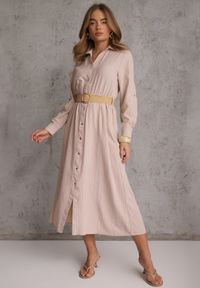 Renee - Beżowa Koszulowa Sukienka z Wiskozą z Paskiem z Plecionki Nerolia. Kolor: beżowy. Materiał: wiskoza. Wzór: paski. Typ sukienki: koszulowe. Styl: boho #1