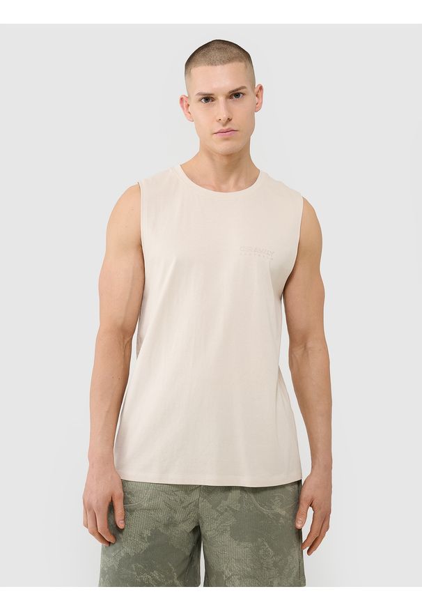 4f - 4F Tank top oversize męski - beżowy M. Kolor: beżowy. Materiał: dzianina, bawełna, jersey. Długość rękawa: bez rękawów. Wzór: gładki, ze splotem, napisy