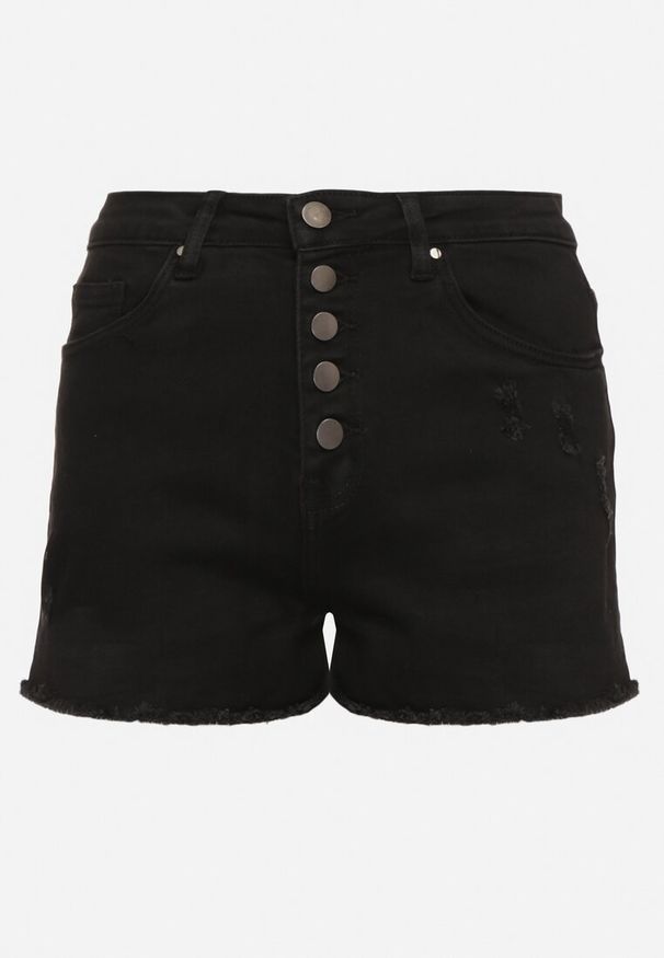 Born2be - Czarne Szorty Jeansowe z Wysokim Stanem i Poszarpanymi Nogawkami Nansilonne. Stan: podwyższony. Kolor: czarny. Materiał: jeans. Sezon: lato. Styl: elegancki, klasyczny