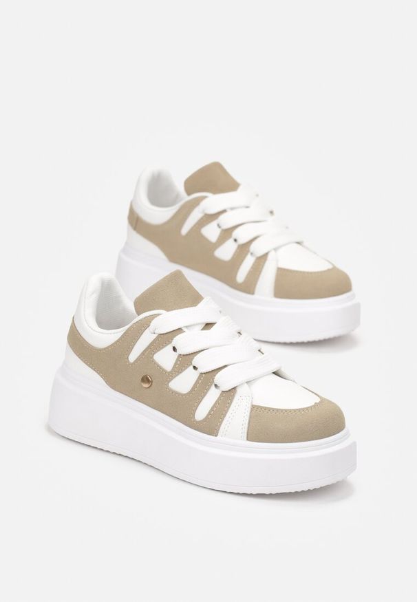 Renee - Ciemnobeżowe Sneakersy na Platformie z Szerokim Sznurowaniem Aklilu. Okazja: na co dzień. Zapięcie: sznurówki. Kolor: beżowy. Materiał: jeans, skóra. Obcas: na platformie