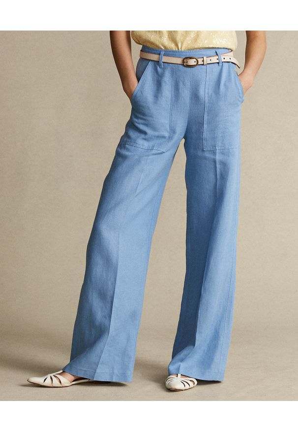 Ralph Lauren - RALPH LAUREN - Niebieskie lniane spodnie. Kolor: biały. Materiał: len