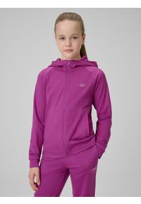 4f - 4F Bluza sportowa regular z kapturem dziewczęca - różowa 146/152 (10-12 lat). Okazja: na spacer, na uczelnię. Typ kołnierza: kaptur. Kolor: różowy. Materiał: skóra, dzianina. Sezon: lato. Styl: sportowy #1