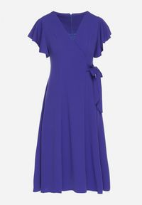 Born2be - Niebieska Rozkloszowana Sukienka Kopertowa z Wiązaniem w Talii Dannila. Kolor: niebieski. Wzór: aplikacja. Typ sukienki: kopertowe #4