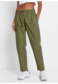 bonprix - Spodnie z gumką w talii z przewiewnego materiału z domieszką lnu. Kolor: zielony. Materiał: len, materiał #1