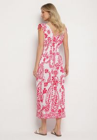 Born2be - Różowa Sukienka z Roślinnym Wzorem i Kopertowym Dekoltem z Gumką w Talii Orrune. Okazja: na co dzień, do pracy, na spotkanie biznesowe. Typ kołnierza: dekolt kopertowy. Kolor: różowy. Materiał: jeans. Sezon: lato. Typ sukienki: kopertowe. Styl: biznesowy, klasyczny, casual #4