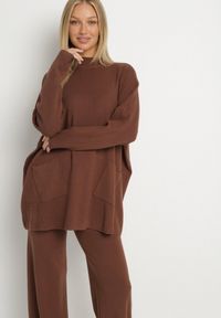 Born2be - Brązowy Komplet Dzianinowy z Wiskozą Długi Sweter i Szerokie Spodnie Oleissa. Kolor: brązowy. Materiał: wiskoza, dzianina #5