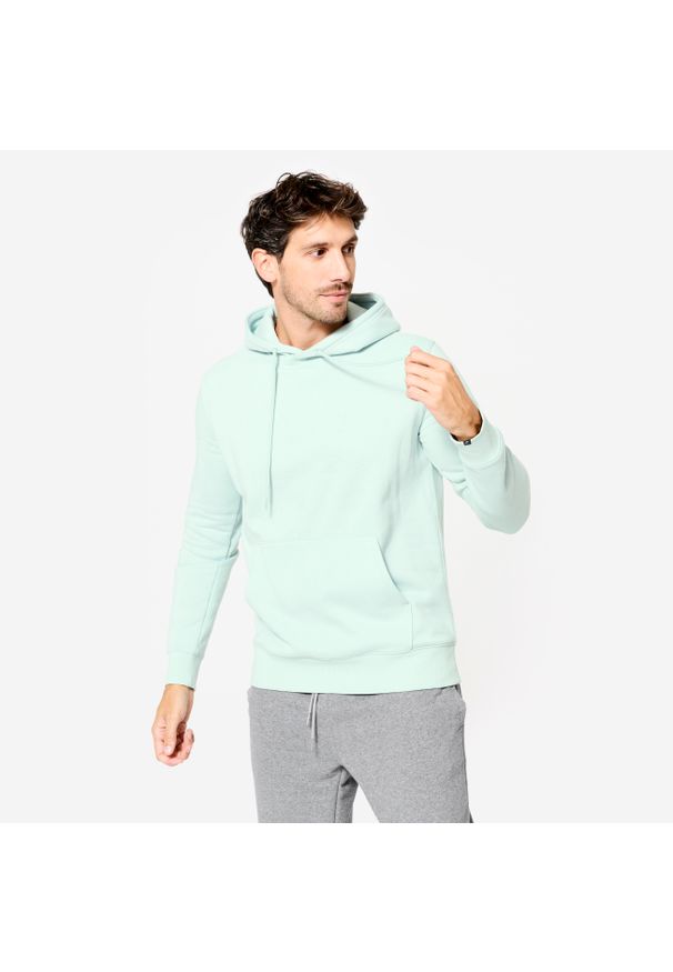 DOMYOS - Bluza z kapturem męska Domyos Gym & Pilates. Typ kołnierza: kaptur. Kolor: wielokolorowy, niebieski, zielony. Materiał: tkanina, elastan, prążkowany, bawełna, materiał, poliester. Wzór: ze splotem. Sport: joga i pilates