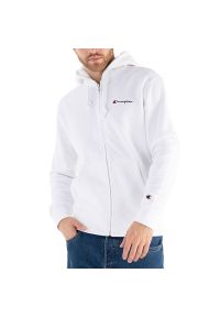 Bluza Champion Hooded Full-Zip 217864-WW001 - biała. Typ kołnierza: kaptur. Kolor: biały. Materiał: bawełna, tkanina, poliester. Wzór: napisy. Styl: sportowy, klasyczny