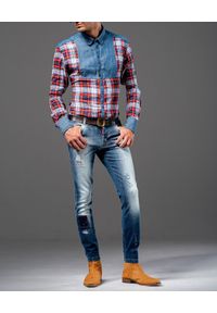 GUNS & TUXEDOS - Kolorowa koszula w kratę Western Patchwork 3. Kolor: czerwony. Materiał: jeans, bawełna. Wzór: kolorowy. Styl: klasyczny