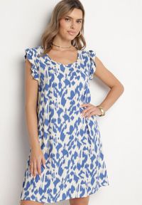 Born2be - Niebieska Sukienka z Bawełny o Rozkloszowanym Kroju z Falbankami Zamiast Rękawów Jenalinea. Okazja: na co dzień. Typ kołnierza: kołnierz z falbankami. Kolor: niebieski. Materiał: bawełna. Typ sukienki: rozkloszowane. Styl: elegancki, casual #1