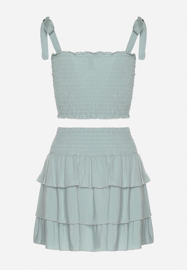 Born2be - Miętowy Bawełniany Komplet Top z Kokardami i Spódnica z Falbanami Saralva. Kolor: zielony. Materiał: bawełna