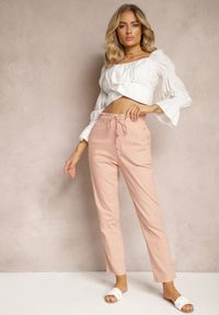 Renee - Różowe Spodnie High Waist ze Sznurkami i Guzikami Arifea. Okazja: na co dzień. Stan: podwyższony. Kolor: różowy. Styl: casual #3