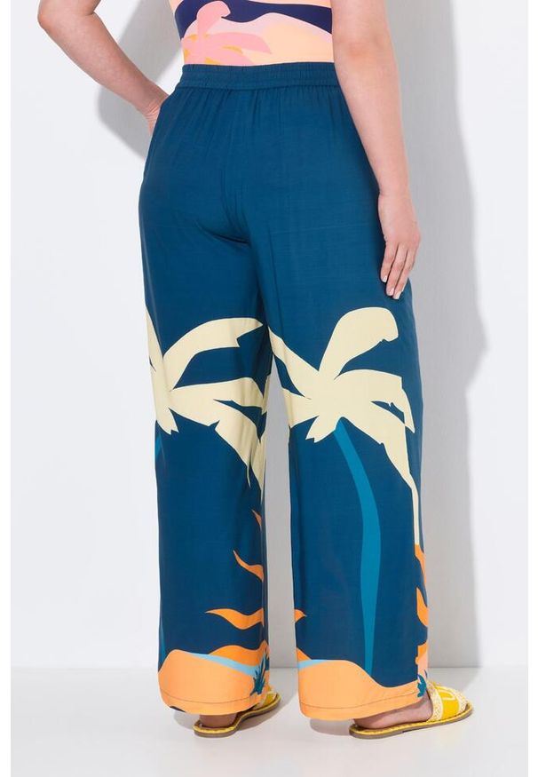 ULLA POPKEN - Damskie Spodnie palazzo palmy/słońce szeroka nogawka elastyczny pas. Kolekcja: plus size. Kolor: niebieski, wielokolorowy, żółty. Materiał: wiskoza, materiał. Długość: długie