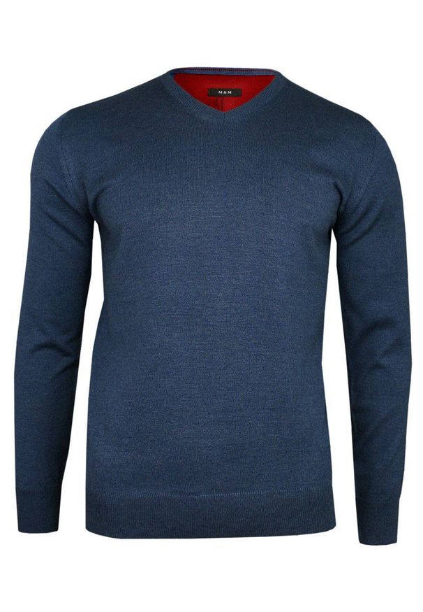 Niebieski sweter MM Classic klasyczny, z dekoltem w kształcie v, na spotkanie biznesowe