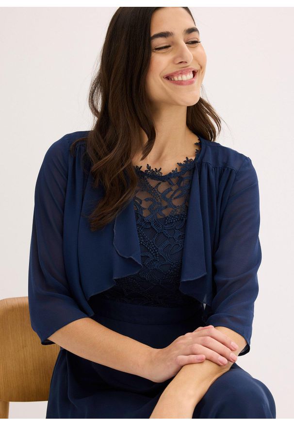 bonprix - Bolerko z delikatnego szyfonu. Kolor: niebieski. Materiał: poliester, szyfon