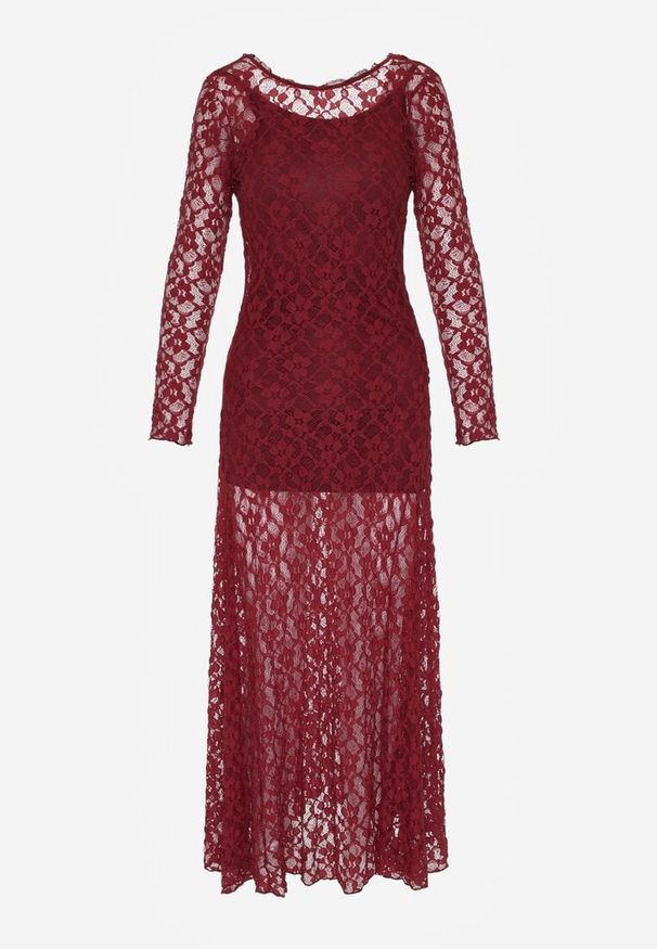 Born2be - Bordowa Koronkowa Sukienka Taliowana z Odkrytymi Plecami Talifera. Kolor: czerwony. Materiał: koronka. Długość rękawa: na ramiączkach. Wzór: koronka. Styl: klasyczny, elegancki