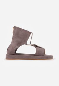 Renee - Szare Sandały Typu Botki Ozdobione Metaliczną Klamrą z Przodu Adrasaia. Zapięcie: klamry. Kolor: szary. Wzór: aplikacja. Sezon: lato #3