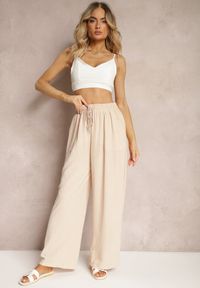Renee - Beżowe Spodnie High Waist ze Sznurkiem w Talii i Prostą Nogawką Raveann. Okazja: na co dzień. Stan: podwyższony. Kolor: beżowy. Styl: casual #4